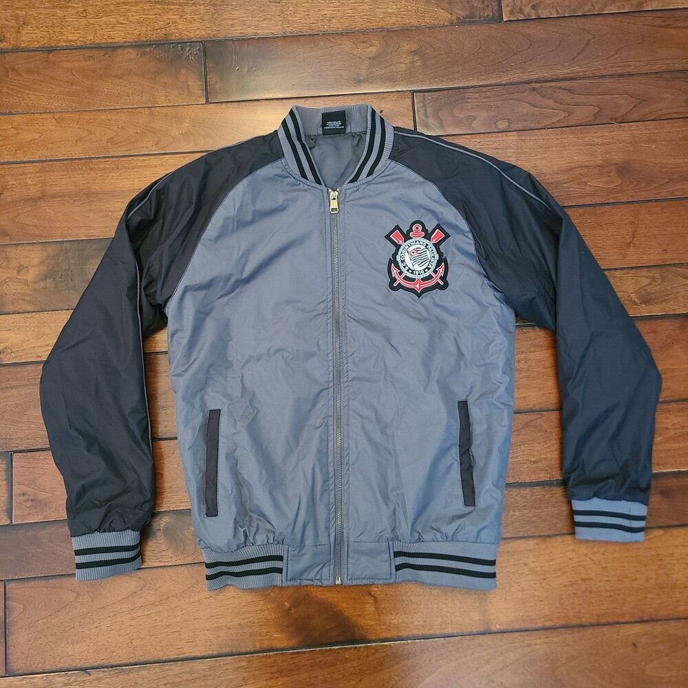 CORINTHIANS PAULISTA Bomber Jacket Adult Size S-M Zip Grey Black Soccer Futbol